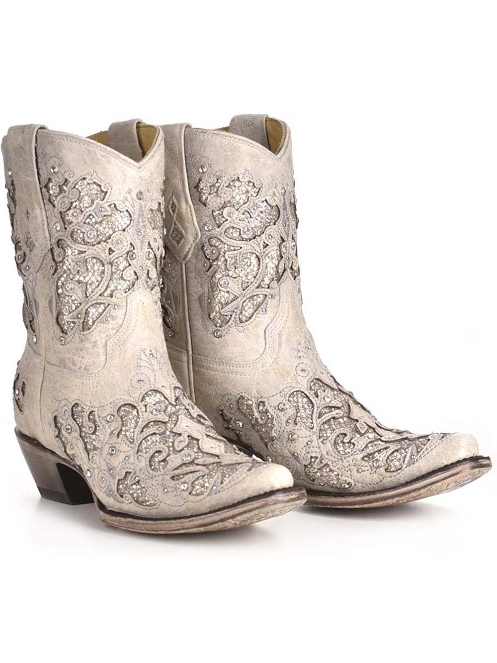 Corral Cowboy Boots WHITE GLITTERED SNIP TOE WEDDING booties 7.5 Women’s